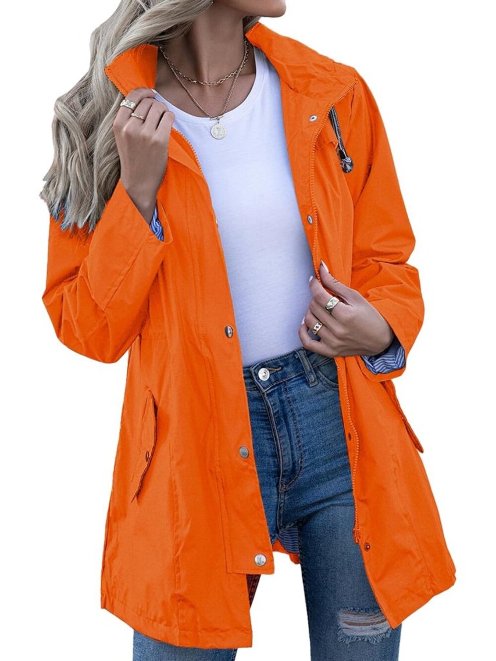 Rain Jacket Women Striped Lined Hooded Lightweight Raincoat Outdoor Waterproof W